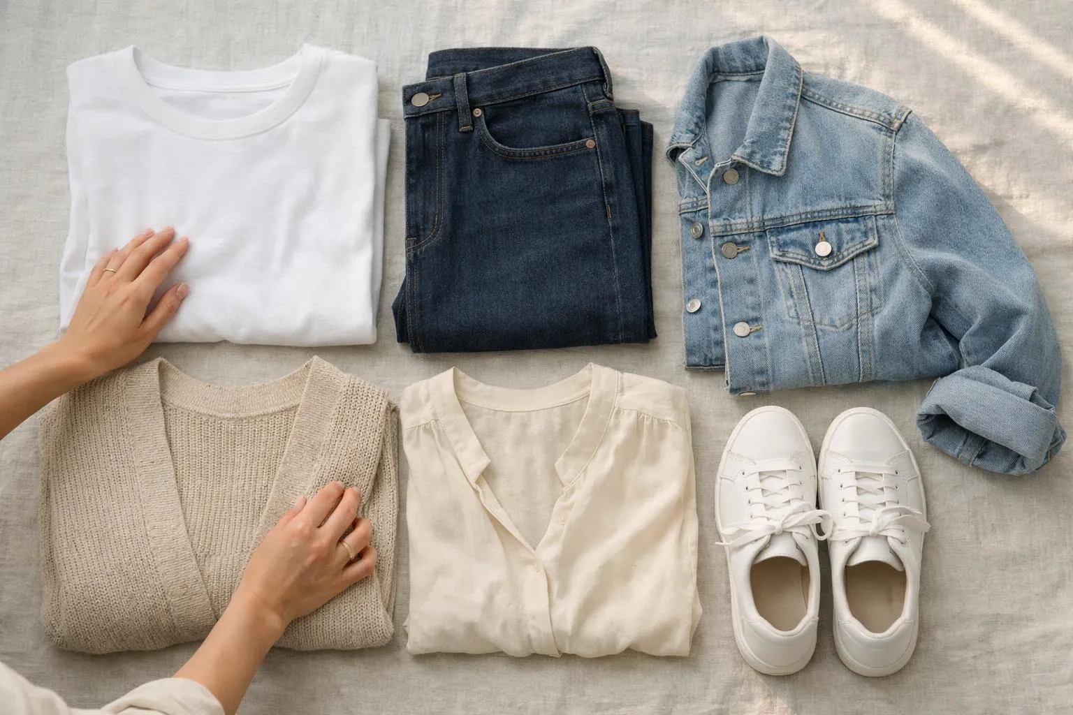 Vêtements décontractés blancs et bleus, chaussures blanches, pull-over beige.