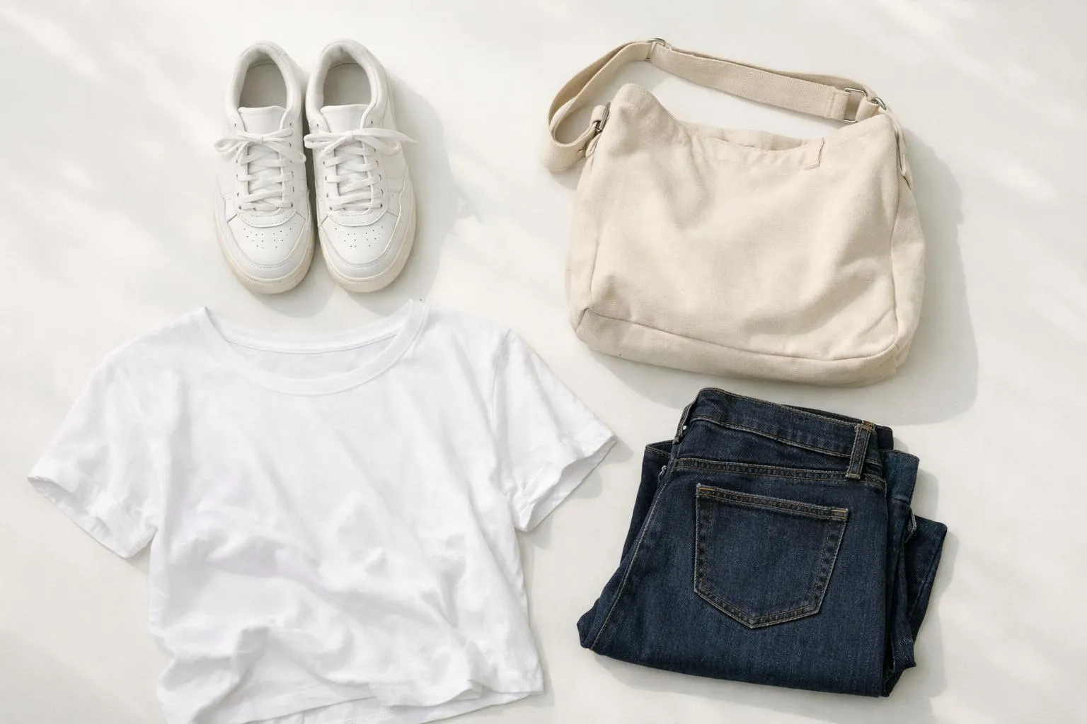 Chaussures blanches, t-shirt blanc, sac à bandoulière beige, jeans bleu foncé.