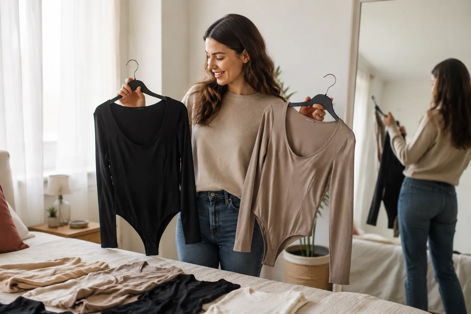 Femme souriante choisissant des vêtements dans une chambre.
