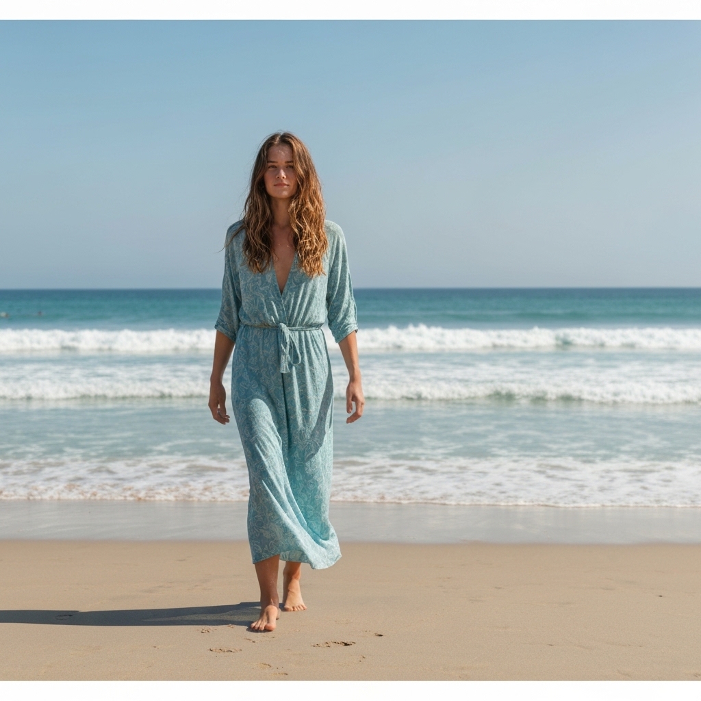 Jeune femme en robe de lin crème fluide marchant pieds nus sur une plage californienne à l'heure dorée, vagues de l'océan en arrière-plan, cheveux naturellement ébouriffés, esthétique bohème décontractée.