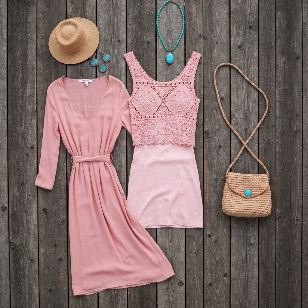 Mise à plat bohème de vêtements californiens sur une surface en bois usagée, avec une robe en lin, un haut en crochet, un sac tressé et des bijoux turquoise sous un éclairage naturel.