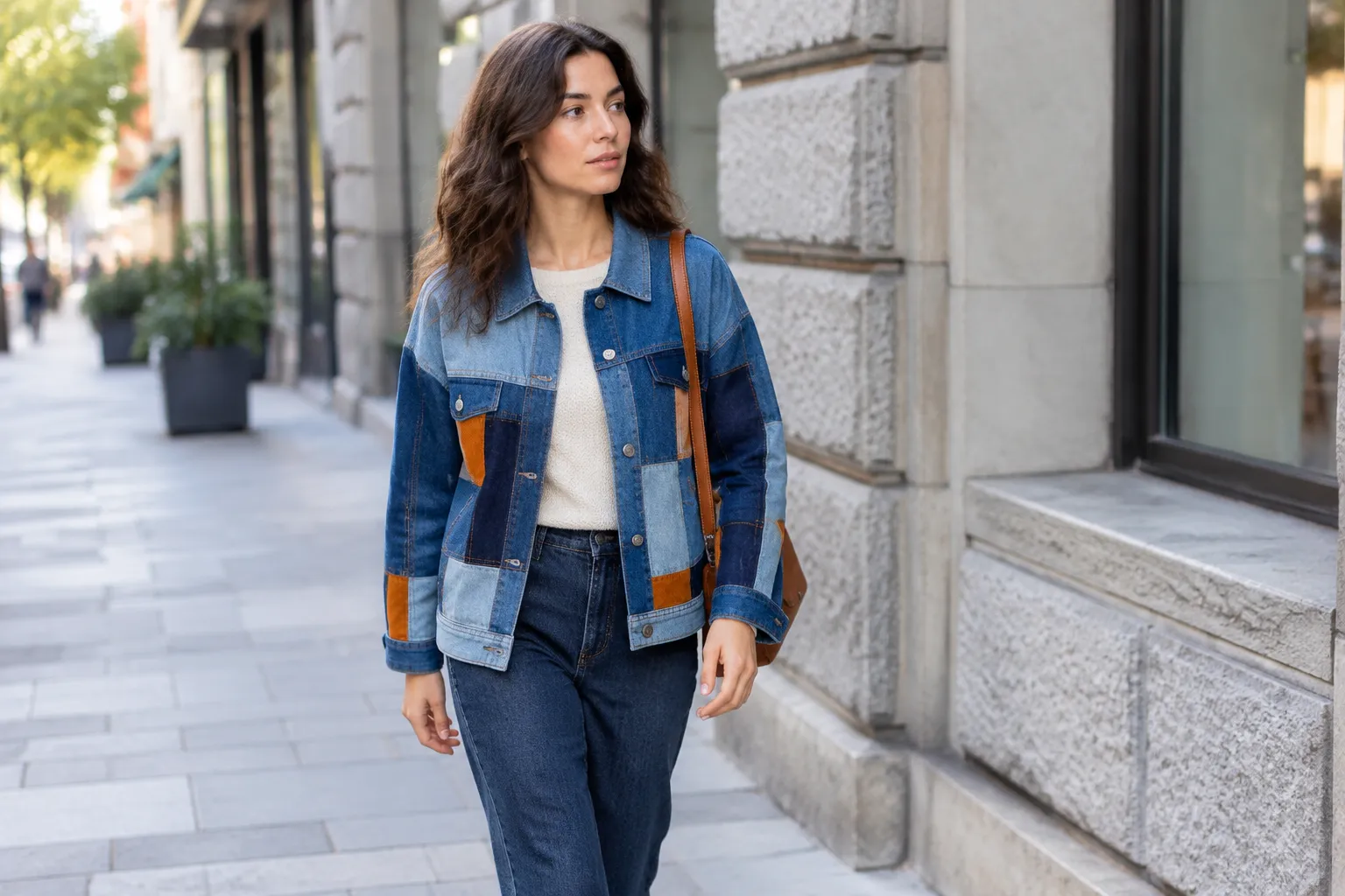 Femme marchant en veste patchwork denim et sac bandoulière.