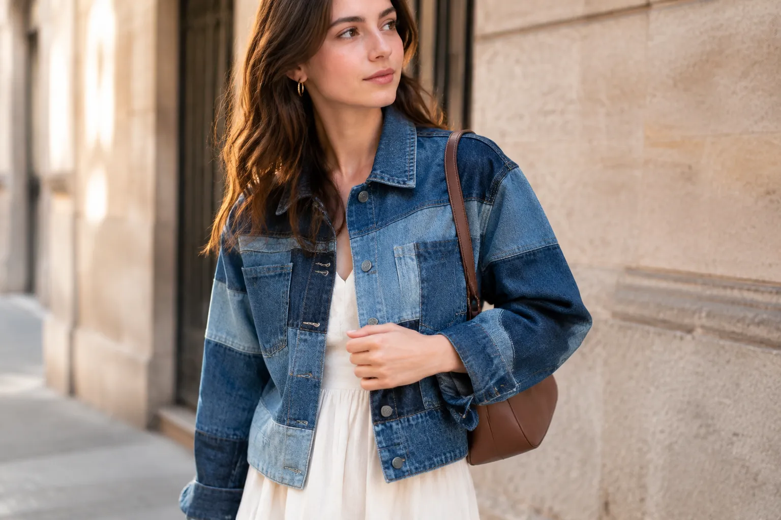 Femme portant une veste en jean patchwork et robe blanche en ville