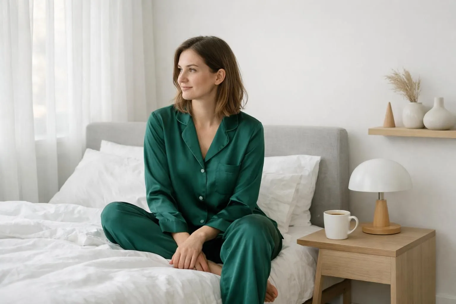 Woman sitting on a modern bed wearing an elegant satin pajama onesie in deep emerald green, morning sunlight streaming through sheer curtains, coffee cup on nightstand, minimalist Scandinavian bedroom decor
