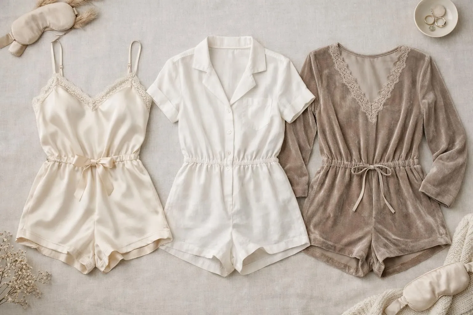 Overhead flat lay of three elegant women's pajama onesies displayed on a soft neutral surface, showcasing different premium fabrics including silk, cotton, and velvet. Each piece features feminine details like pearl buttons, delicate lace trim, and tailored cuts. Soft natural lighting highlights the quality textures and sophisticated color palette of blush pink, navy blue, and charcoal grey. No text, labels, or logos visible.