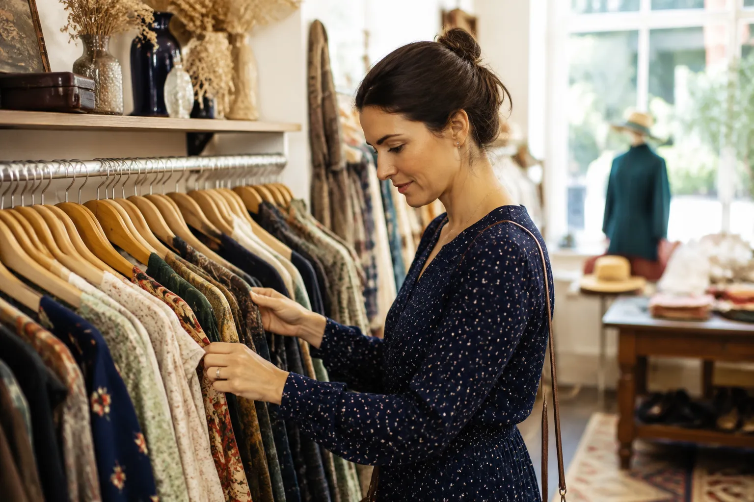 Femme en robe à pois bleu marine, examinant des vêtements sur un présentoir dans un magasin.