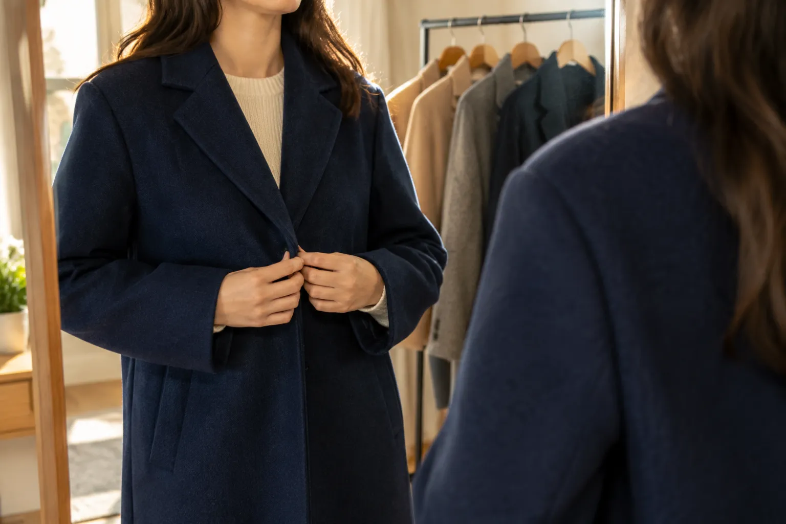 Femme essayant un manteau bleu marine devant un miroir