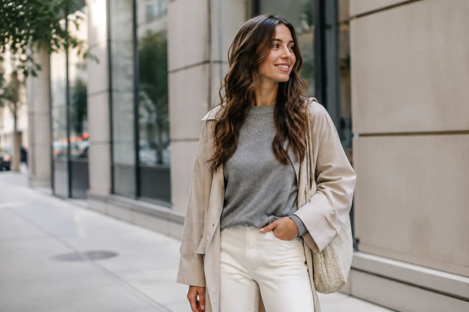 Jeune femme souriante en tenue décontractée marchant dans la rue.