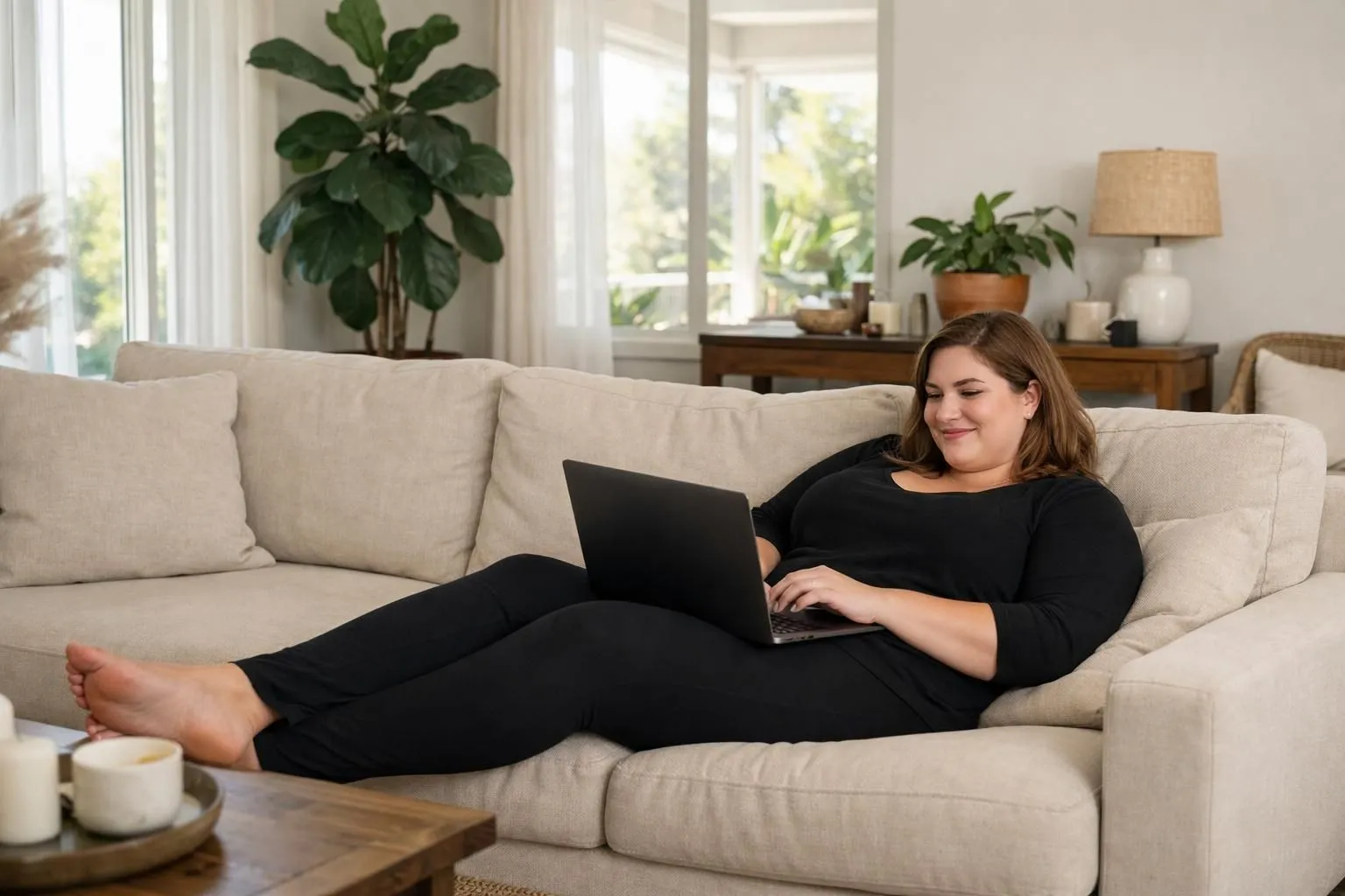 Plus-size woman sitting comfortably on beige sofa with laptop on her knees, browsing online fashion store, bright California-style living room with palm plants and natural sunlight streaming through large windows, relaxed shopping atmosphere, warm neutral tones