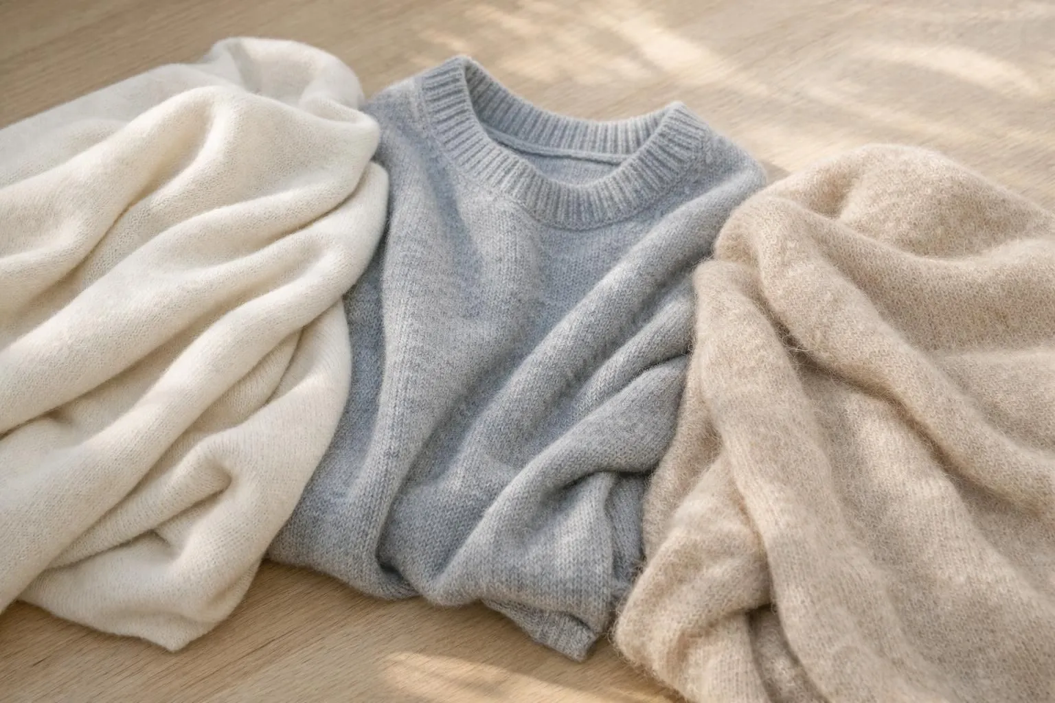 Close-up of three luxury winter sweaters in soft neutral colors (cream, grey, beige) draped on a minimal wooden surface with natural morning light, showcasing different textures of merino, cashmere and mohair knits, cozy feminine styling with delicate folds emphasizing fabric quality