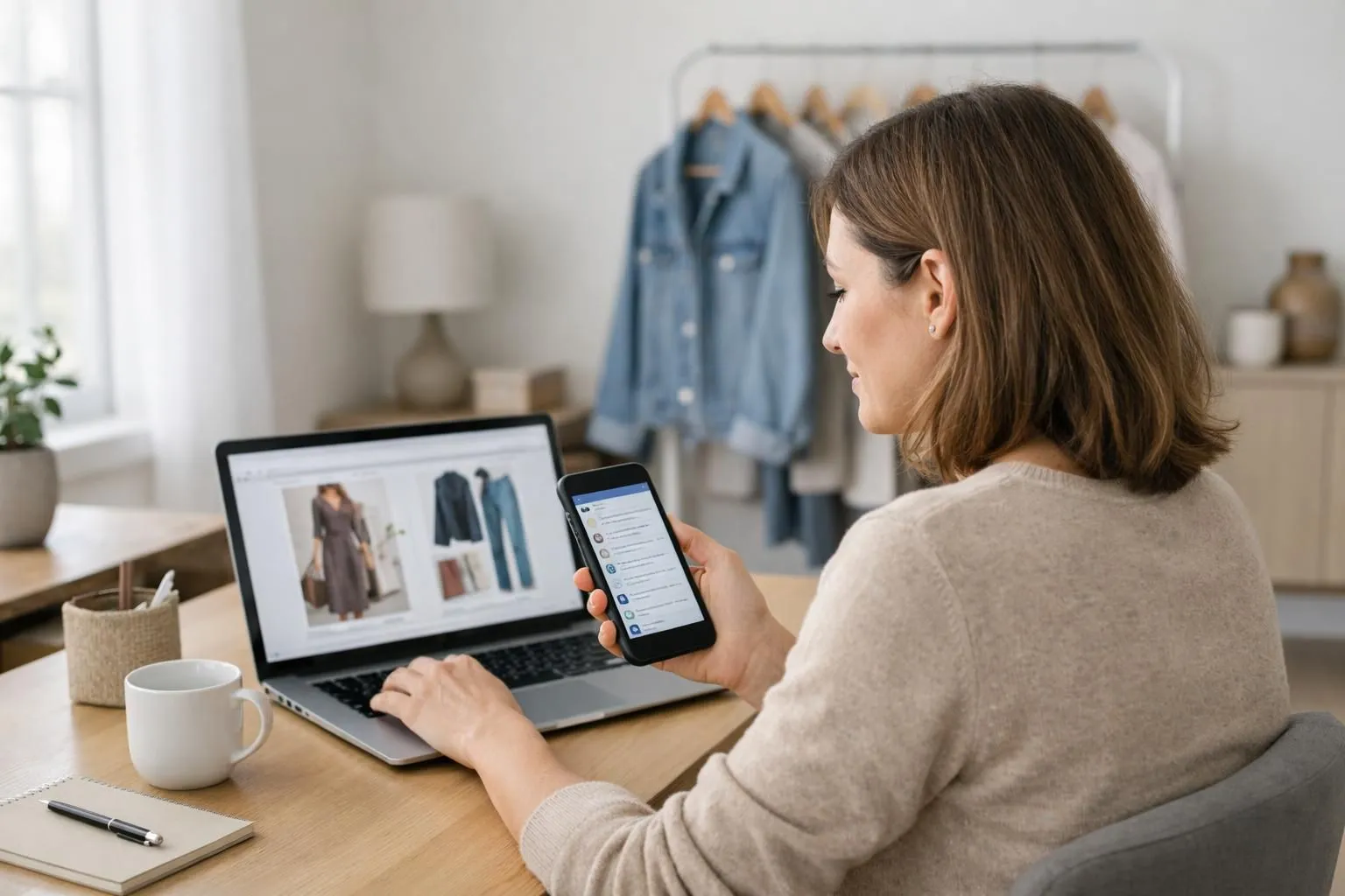 Woman in her 30s sitting at home desk comparing fashion items on laptop screen while holding smartphone showing forum discussions, neutral modern interior with clothing pieces visible in background, natural daylight from window