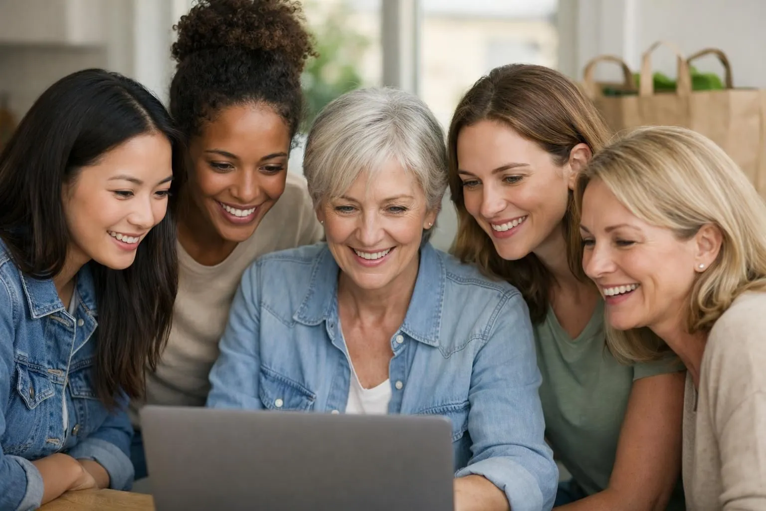 Group of five women aged 25-60 gathered around a laptop showing fashion website, diverse ethnicities, engaged facial expressions, casual modern clothing, bright natural lighting, home office setting, shopping bags visible in background