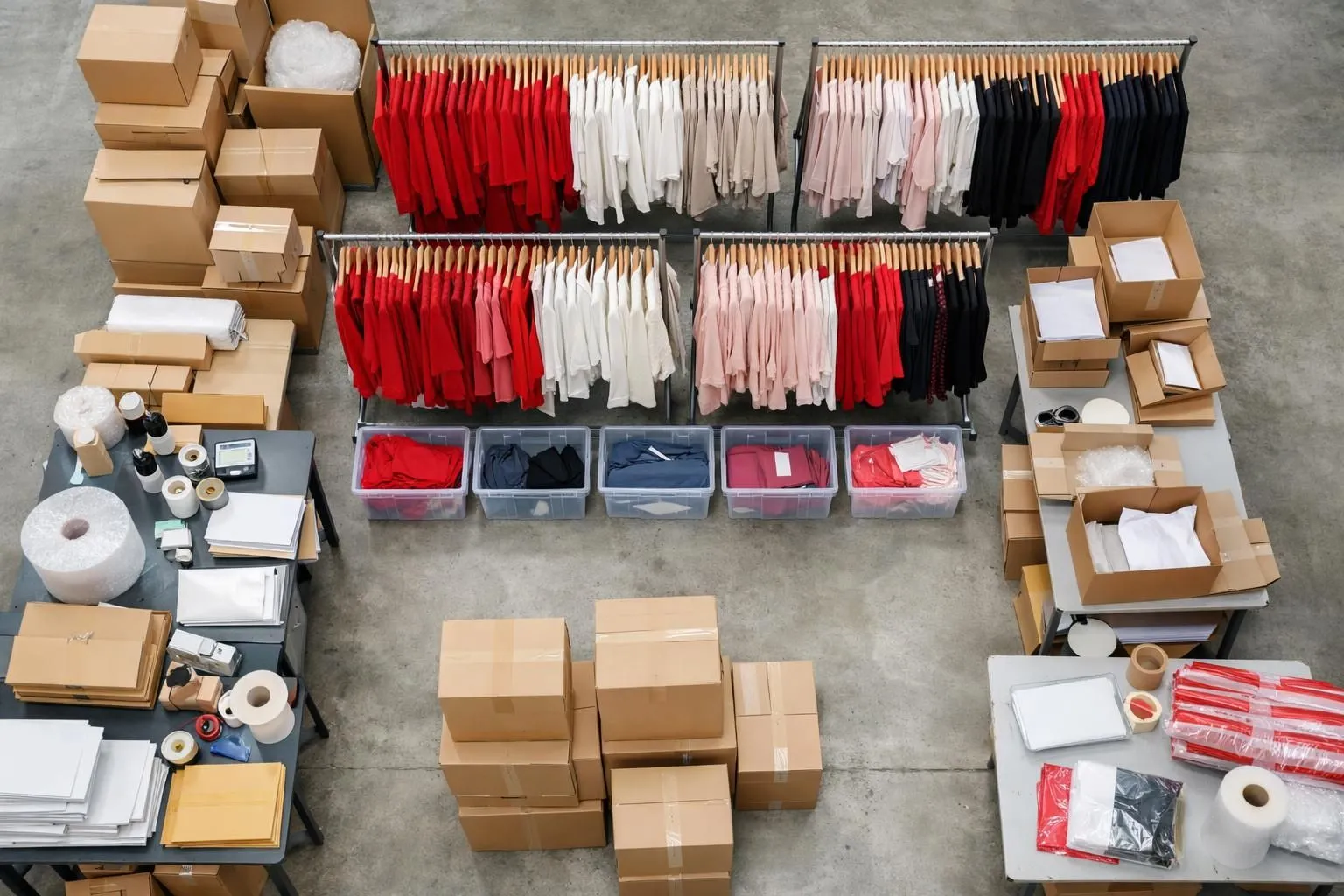 Fashion warehouse interior with clothing racks displaying women's garments, boxes and shipping materials visible, natural lighting showing authentic e-commerce fulfillment environment, no people, focus on inventory and behind-the-scenes operations of online fashion retail