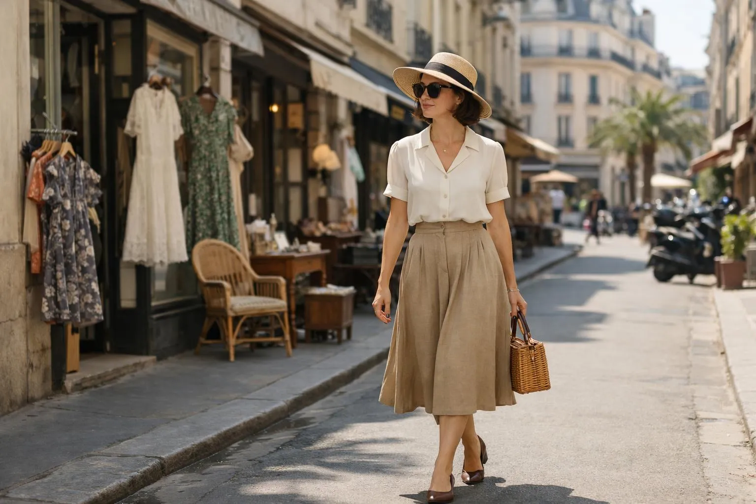 Femme élégante dans une rue parisienne, chapeau de paille, jupe longue, sac en osier.