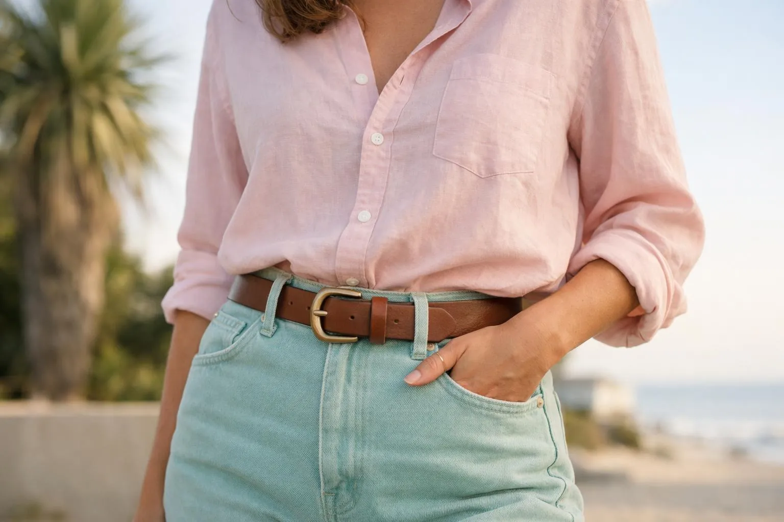 Femme portant une chemise rose et un jean bleu clair avec une ceinture en cuir.