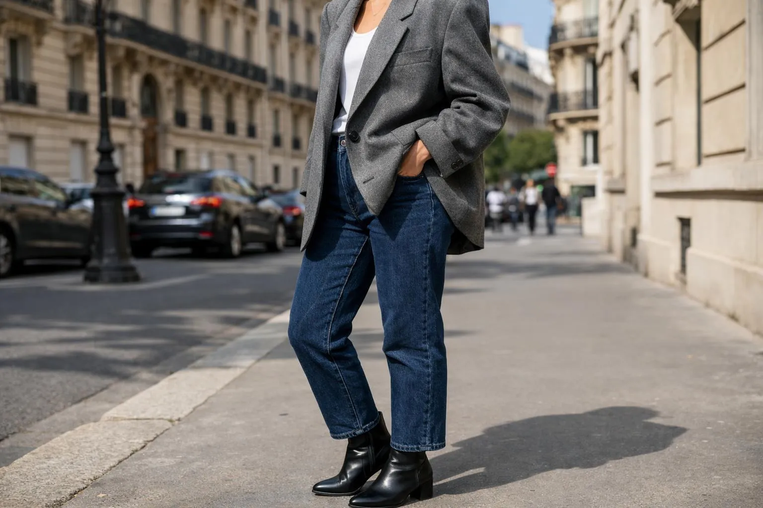 Femme en vêtements décontractés dans une rue parisienne.