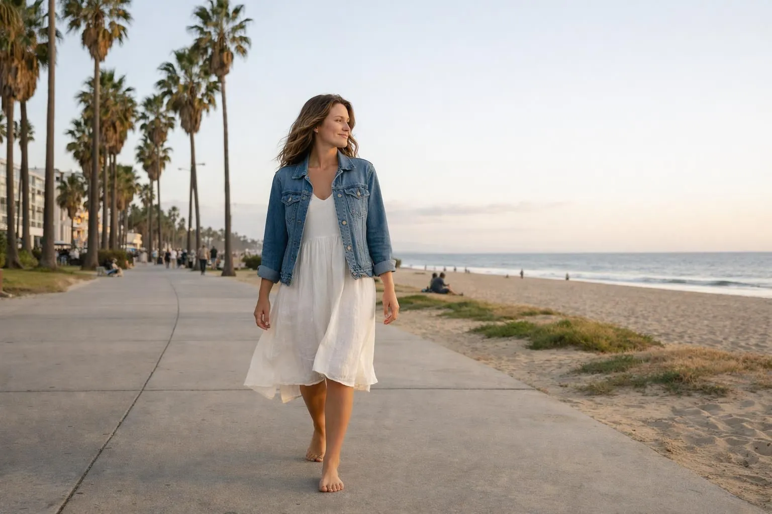 Young woman walking barefoot on Venice Beach boardwalk wearing flowing linen dress and denim jacket, golden hour sunlight, palm trees and Pacific Ocean in background, relaxed California coastal lifestyle aesthetic