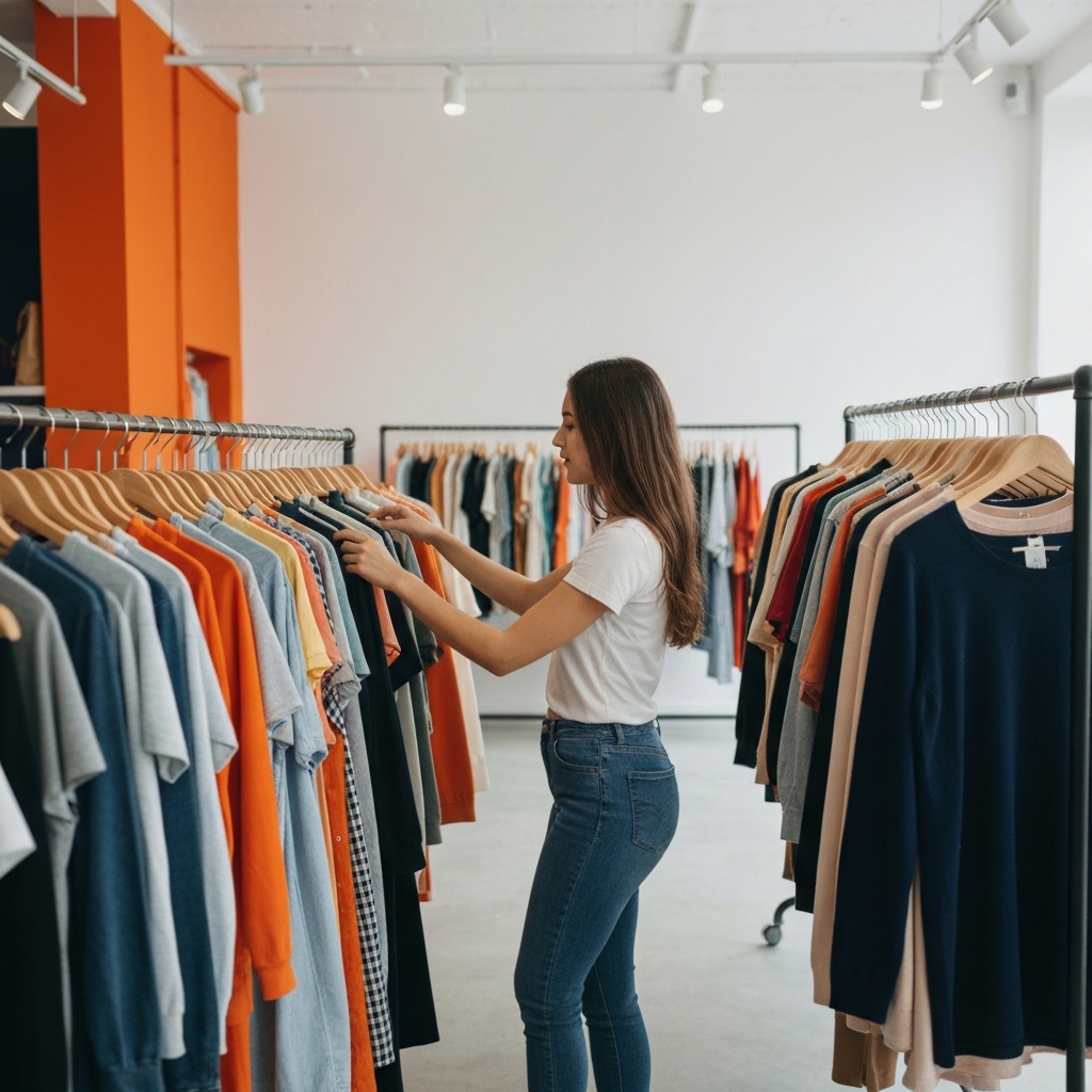 Young woman browsing through colorful vintage clothing racks in a bright, modern secondhand boutique, natural lighting, casual shopping atmosphere