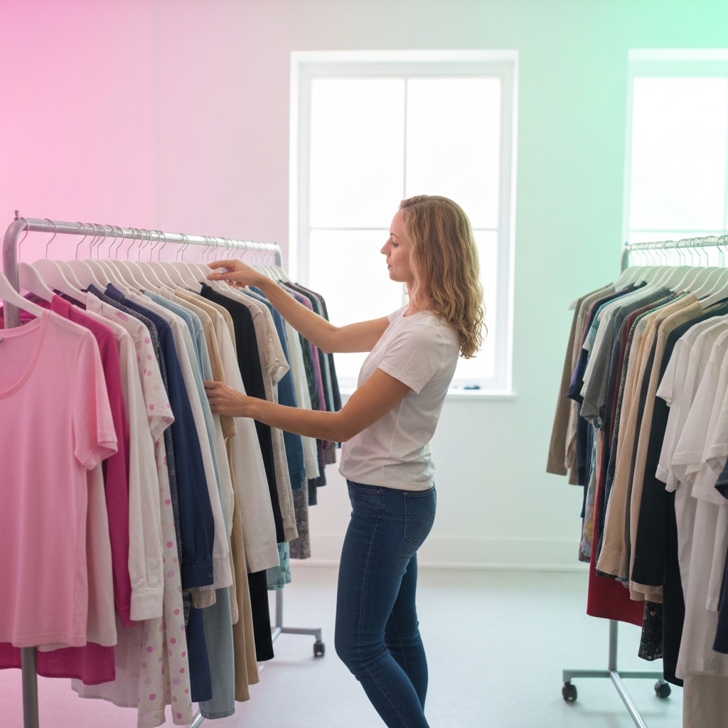 Woman browsing through carefully curated vintage clothing racks in a bright, modern boutique space, examining quality fabrics and unique pieces