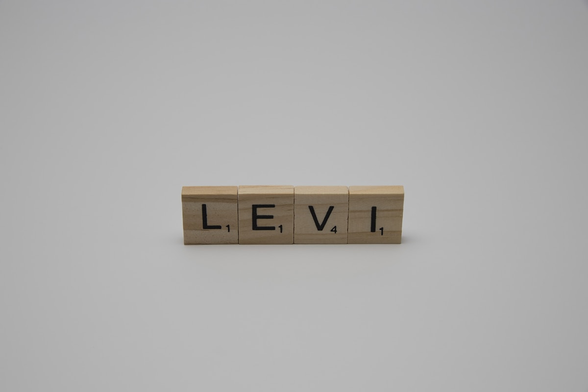 Lettres de bois orthographiant le mot "LEVI".