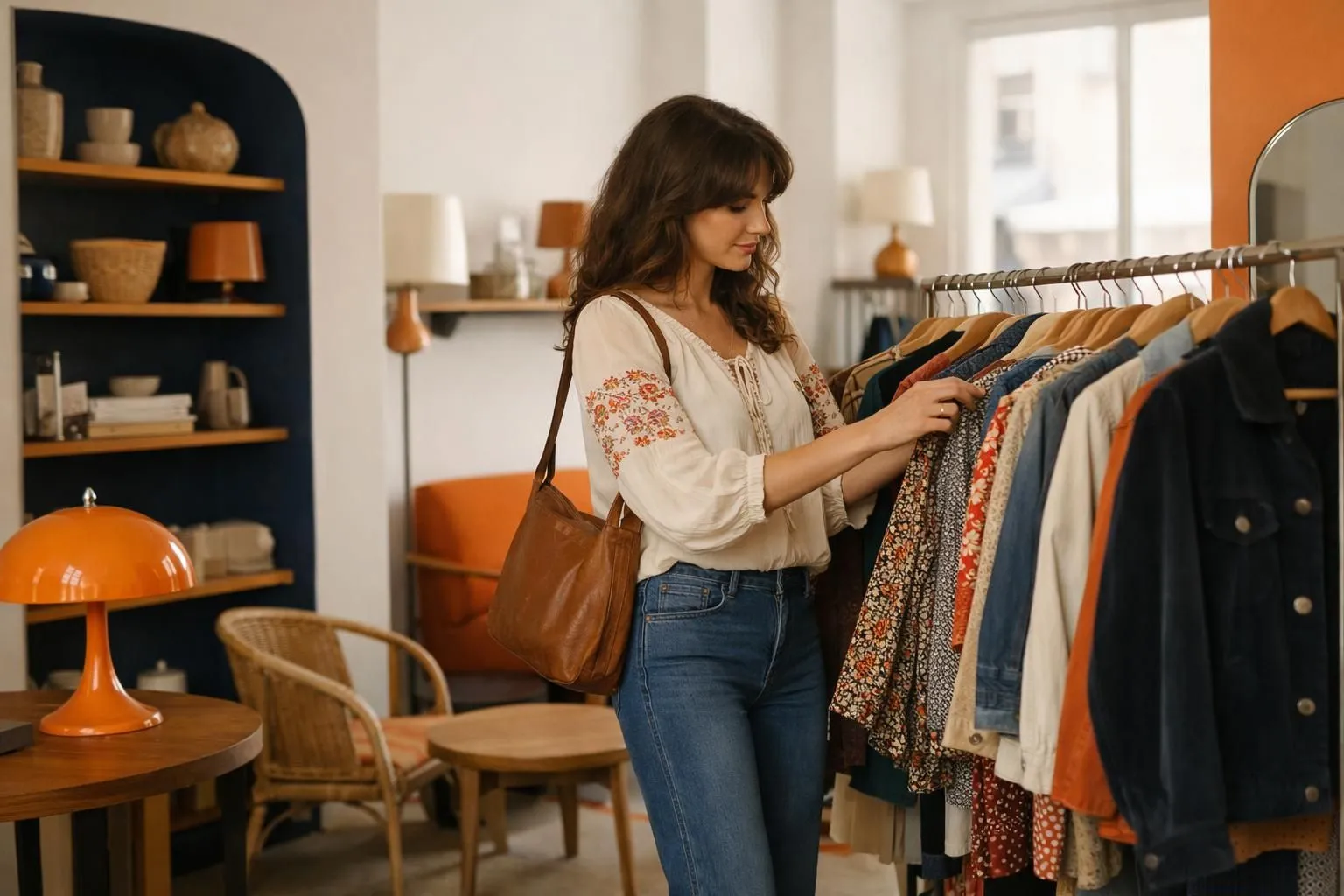 Woman in authentic 1970s flared jeans and flowing bohemian blouse browsing vintage clothing racks in a Parisian boutique with warm natural lighting and retro decor