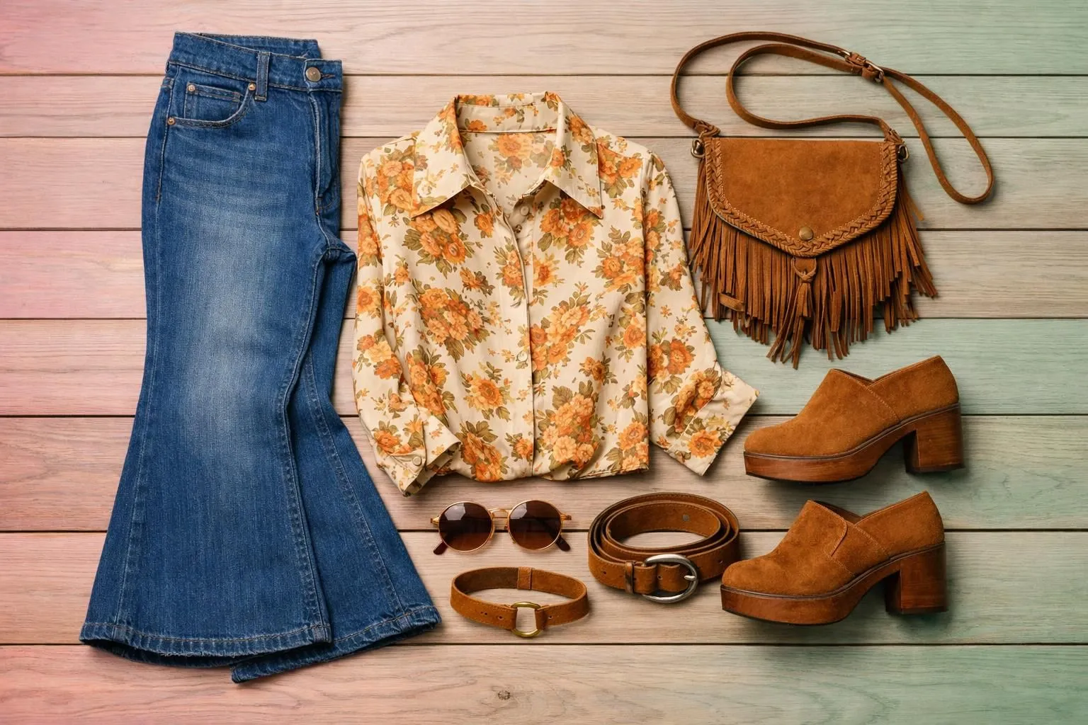 Flat lay composition of authentic 70s vintage clothing pieces including flared jeans, floral blouse, and suede accessories on wooden background