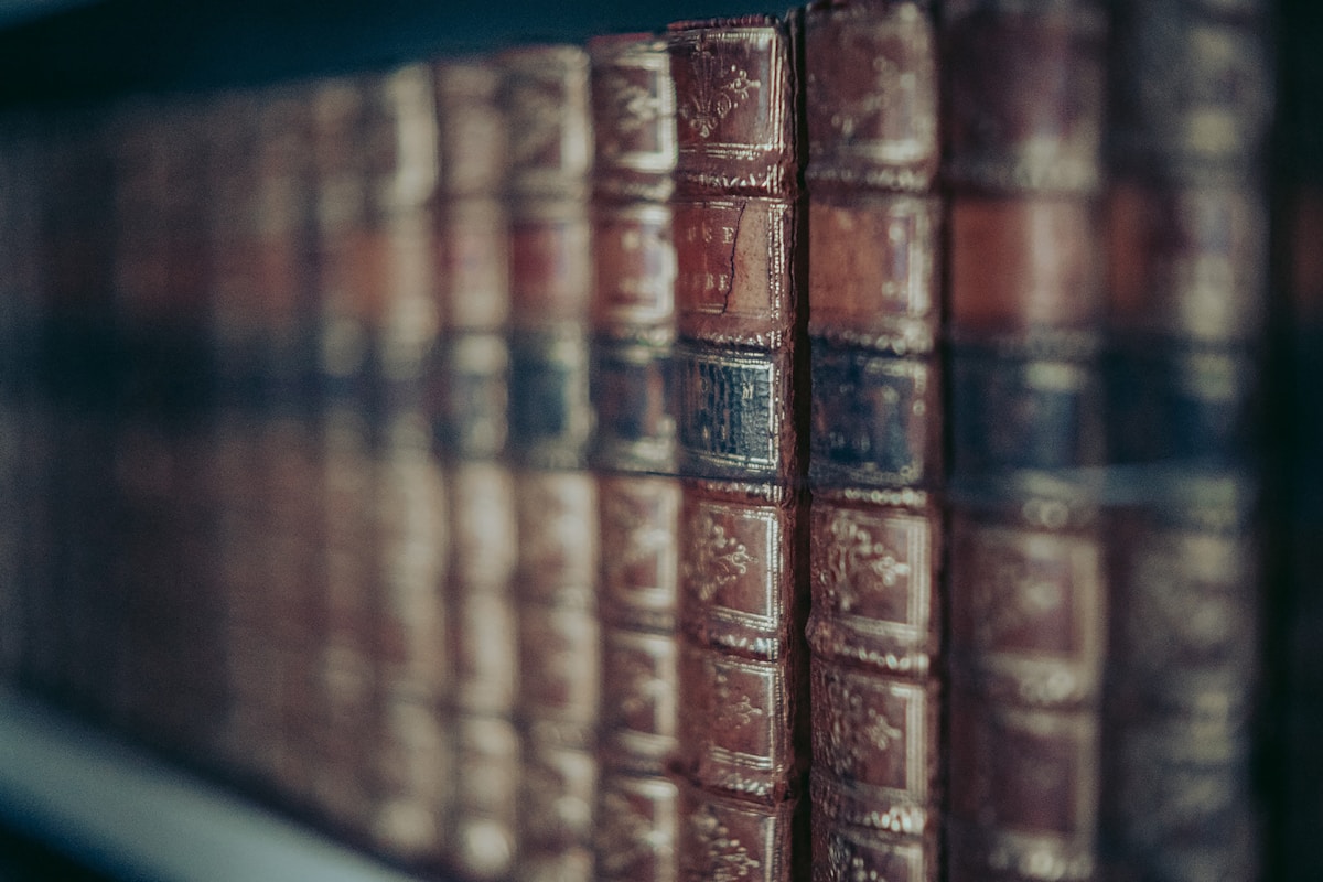 Une rangée de livres posés sur une étagère.