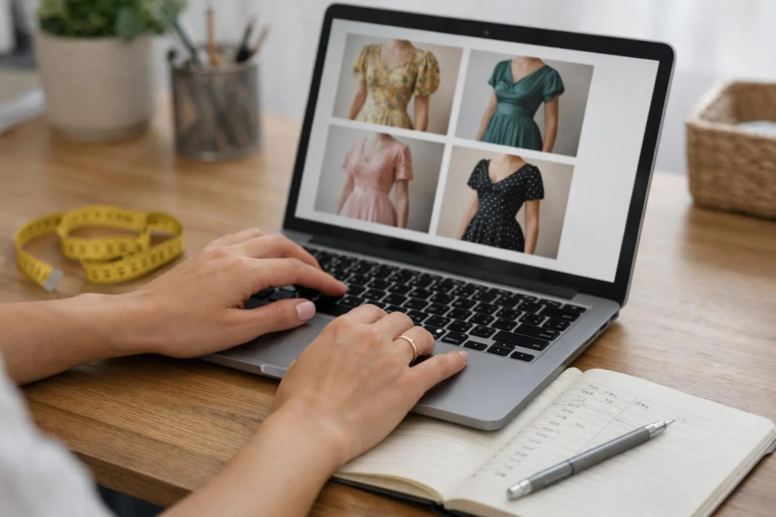 Femme dans la trentaine assise à un bureau en bois avec un ordinateur portable ouvert, tenant un mètre ruban et examinant des photos de robes vintage à l'écran, un cahier avec des mesures visible, lumière naturelle par la fenêtre, expression concentrée, bureau à domicile bohème moderne.