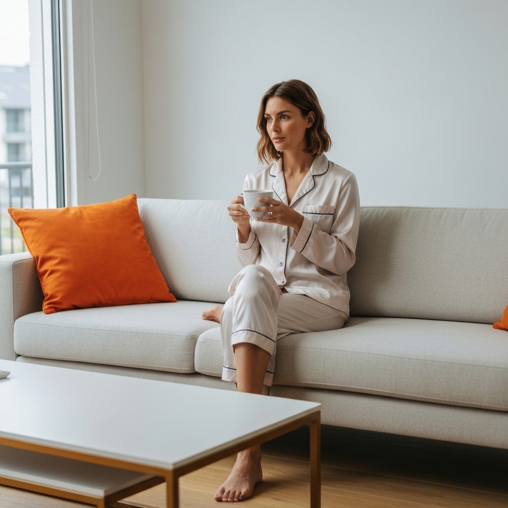Femme allongée sur un canapé moderne en pyjama de soie, salon californien lumineux, lumière naturelle du matin, décor minimaliste chic.