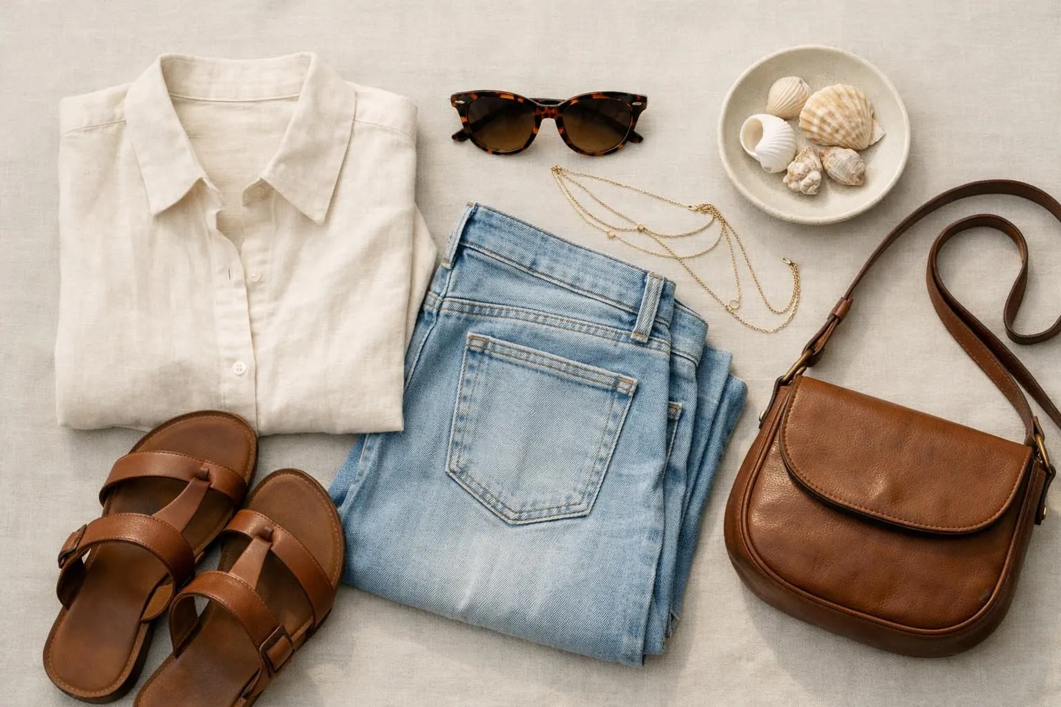 Flat lay composition of California-inspired fashion essentials on sandy beige background: folded linen shirt in cream, high-waisted light-wash denim jeans, brown leather sandals, delicate gold layered necklaces, vintage round sunglasses with tortoiseshell frames, small natural leather crossbody bag, terracotta ceramic dish with shells, natural lighting casting soft shadows