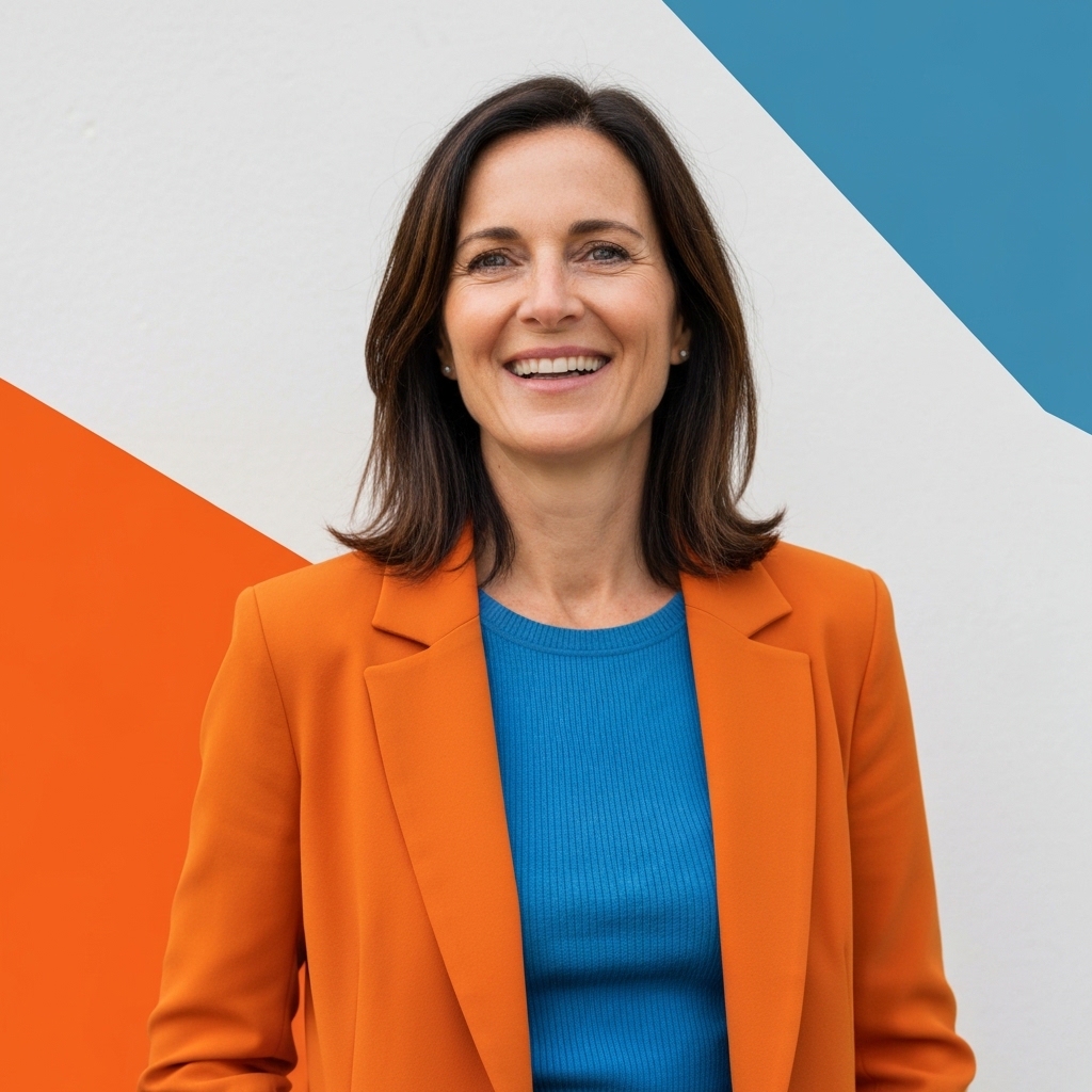 Confident woman in her 40s wearing casual chic outfit with flowing blouse and tailored pants, standing in bright natural light, genuine smile, contemporary wardrobe background