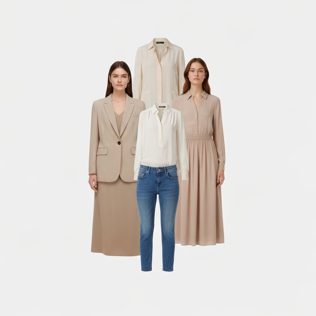 Elegant wardrobe closet displaying carefully curated women's clothing pieces including structured blazer, silk blouse, midi skirt, quality denim, cashmere sweater in neutral tones, soft natural lighting