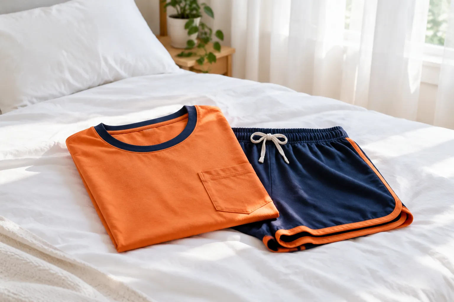 Ensemble pyjama orange et bleu posé sur un lit blanc