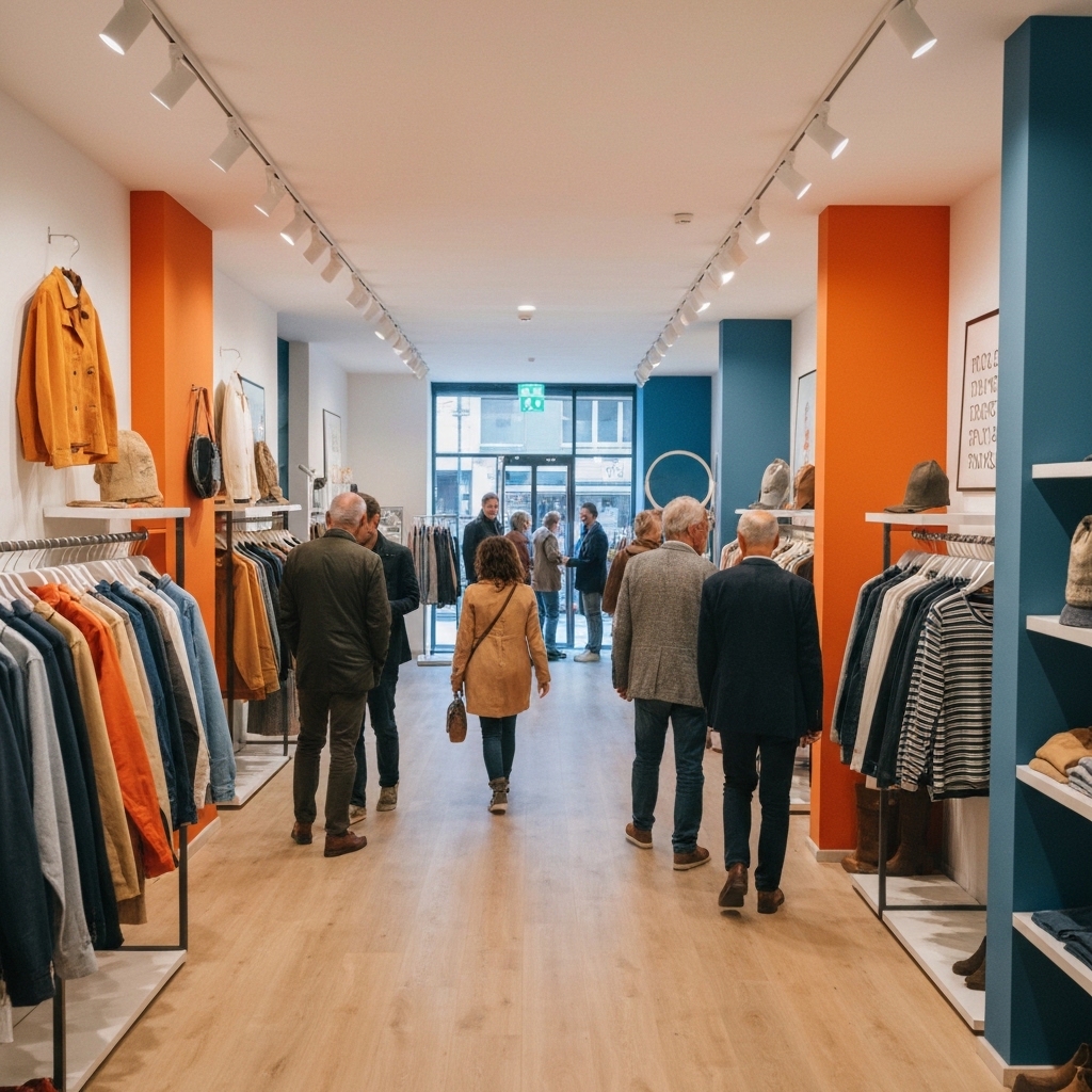 Boutique vintage française lumineuse avec portants colorés de vêtements années 70-90, clientes de différents âges parcourant les rayons, ambiance chaleureuse et authentique