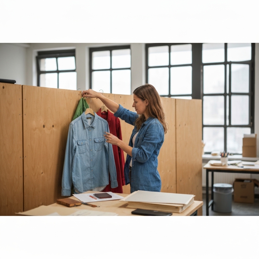 Femme entrepreneur souriante dans son atelier lumineux californien, triant des vêtements vintage colorés sur des portants en bois, lumière naturelle chaude entrant par de grandes fenêtres