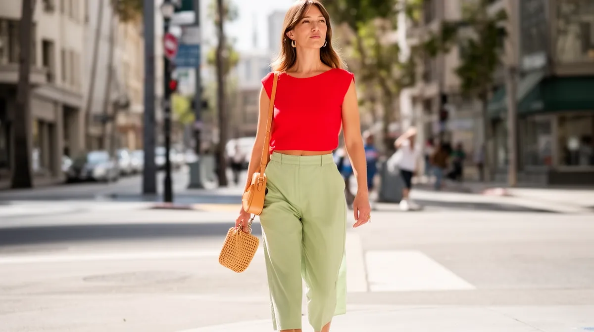 Femme aux cheveux bruns portant un haut rouge et un pantalon vert clair, tenant un sac en osier.