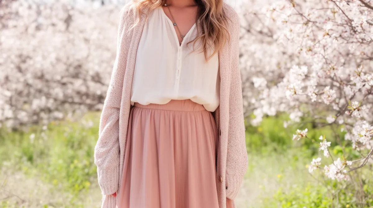 Femme portant un cardigan beige, une blouse blanche et une jupe rose, debout dans un jardin fleuri.