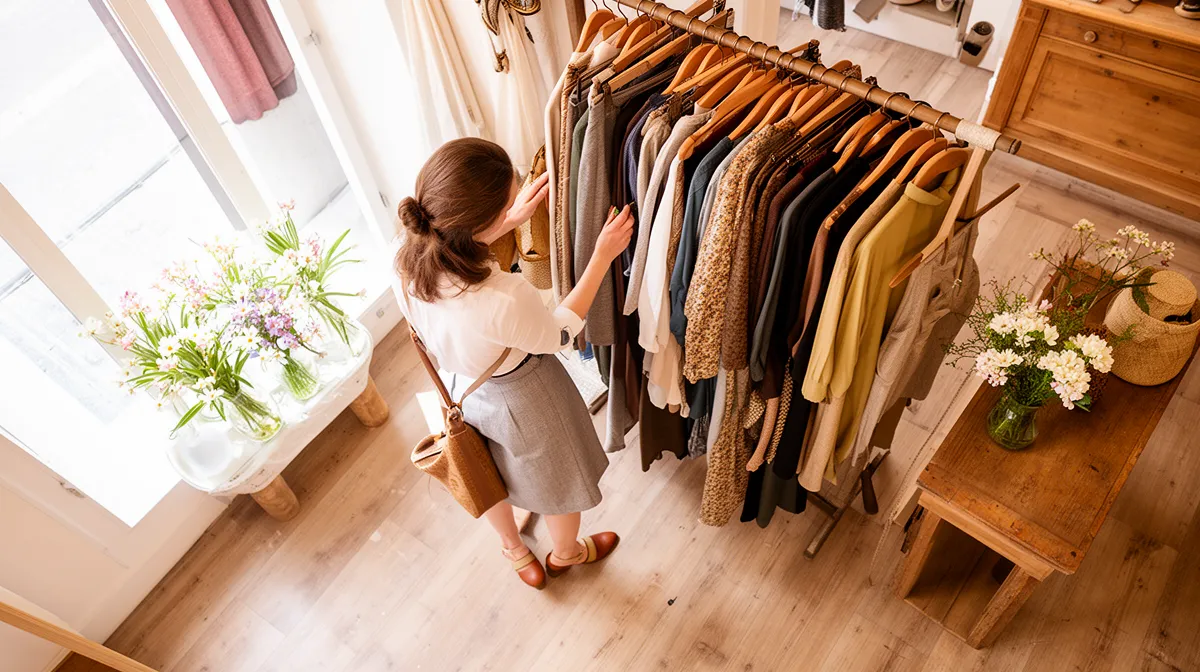 Femme choisissant des vêtements dans un placard bien rangé.