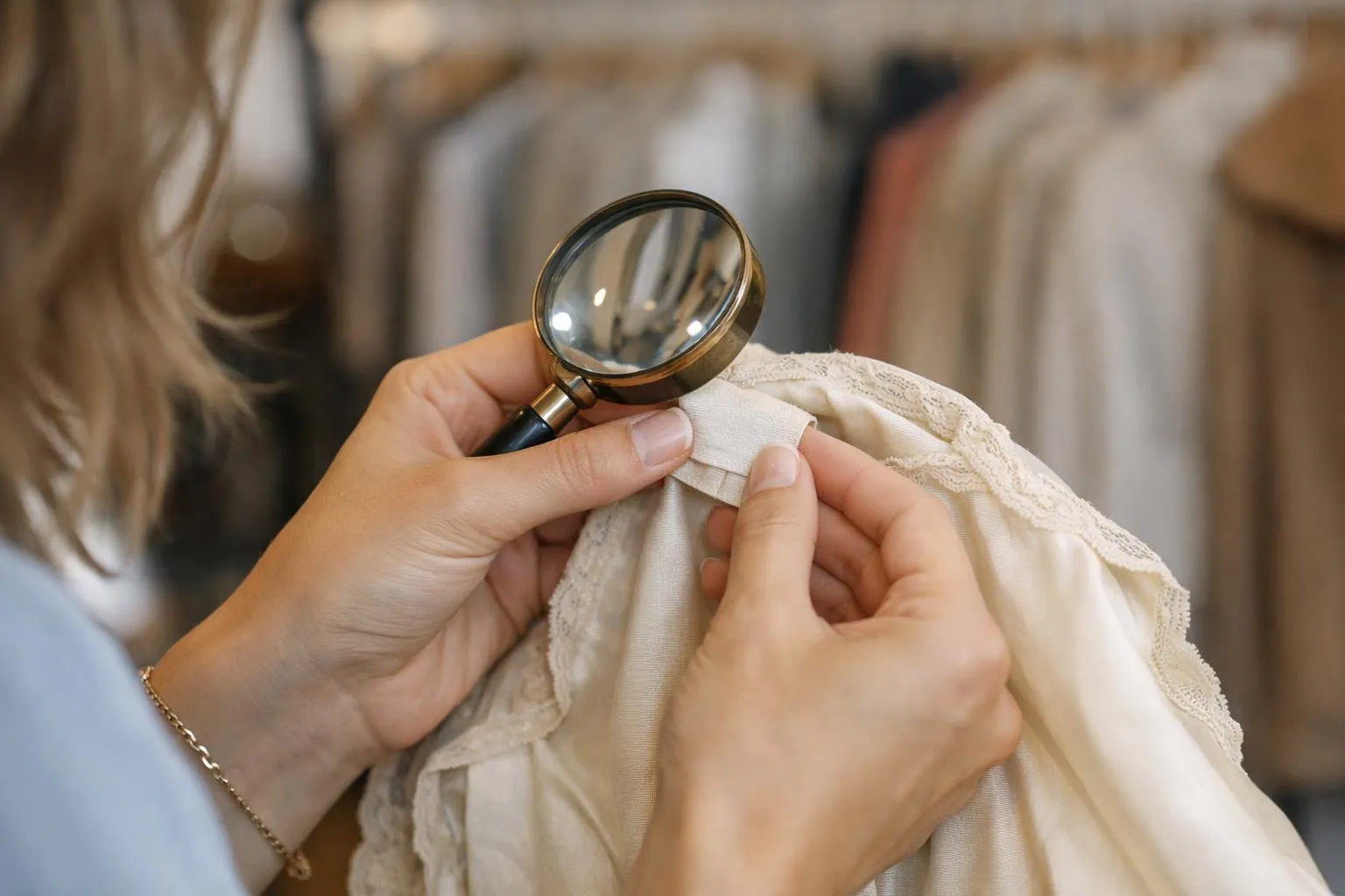 Woman examining vintage clothing label with magnifying glass in boutique setting, checking authenticity details, warm natural lighting, focus on hands inspecting fabric seams and tags