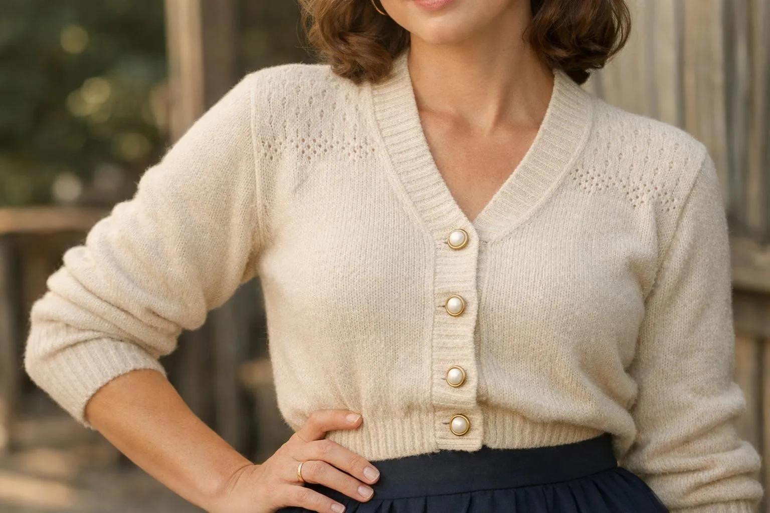 Femme portant un cardigan beige en tricot avec boutons.