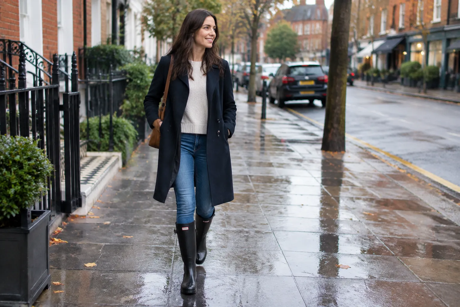 Femme en manteau noir marchant sous la pluie en ville.