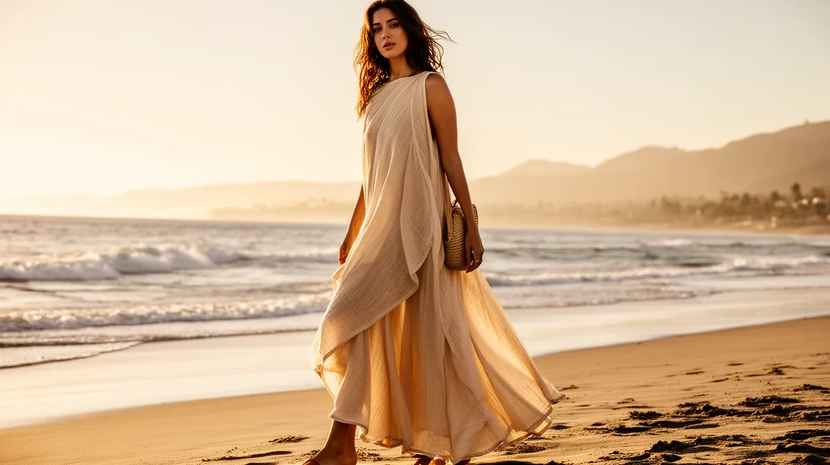 Femme élégante en robe flottante marchant sur la plage au coucher de soleil.