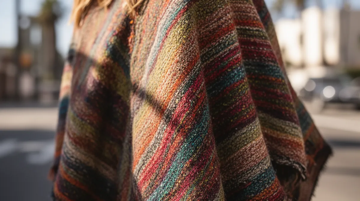 Châle tricoté multicolore avec motifs rayés et textures variées.