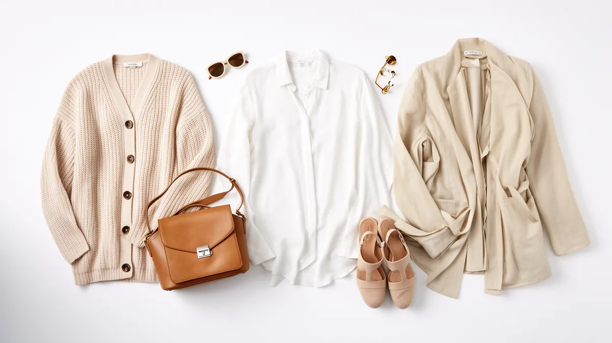 Vêtements et accessoires beiges élégants sur fond blanc.