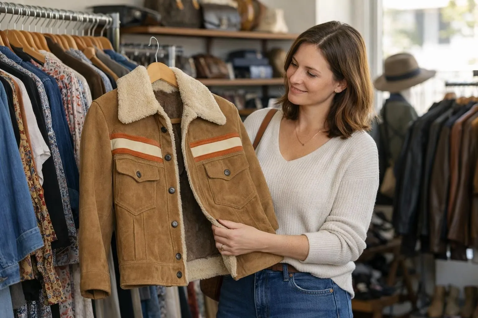 Woman in her 30s browsing through a curated vintage clothing rack, holding a timeless 1970s blazer, surrounded by quality second-hand pieces in warm natural lighting, showcasing sustainable fashion choices