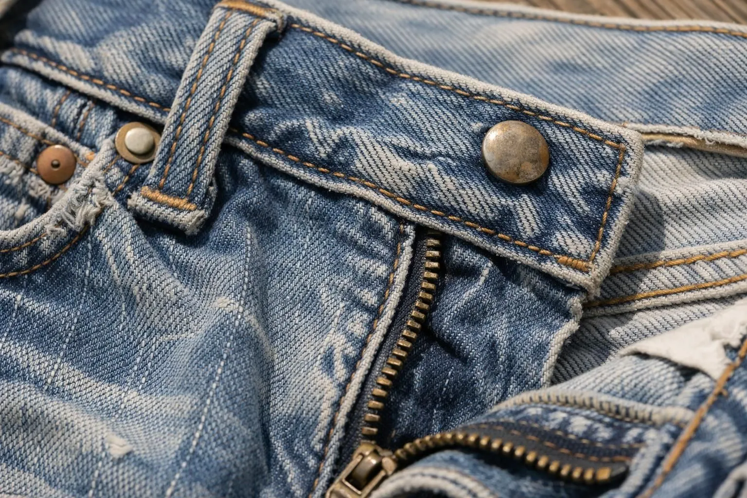 Authentic vintage denim jeans laid flat showing quality details like original rivets, button fly, selvedge edges, and natural fading patterns in soft natural lighting with neutral background
