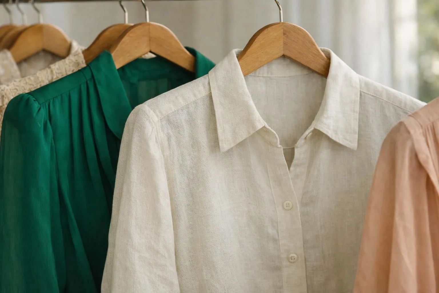A collection of authentic vintage blouses from different decades displayed on wooden hangers, a cream 70s peasant blouse with embroidered details, a silk emerald 80s blouse with structured shoulders, and a minimalist 90s linen shirt, showing fabric textures and craftsmanship quality in natural daylight, in a Women's Fashion E-commerce setting demonstrating wardrobe styling secrets
