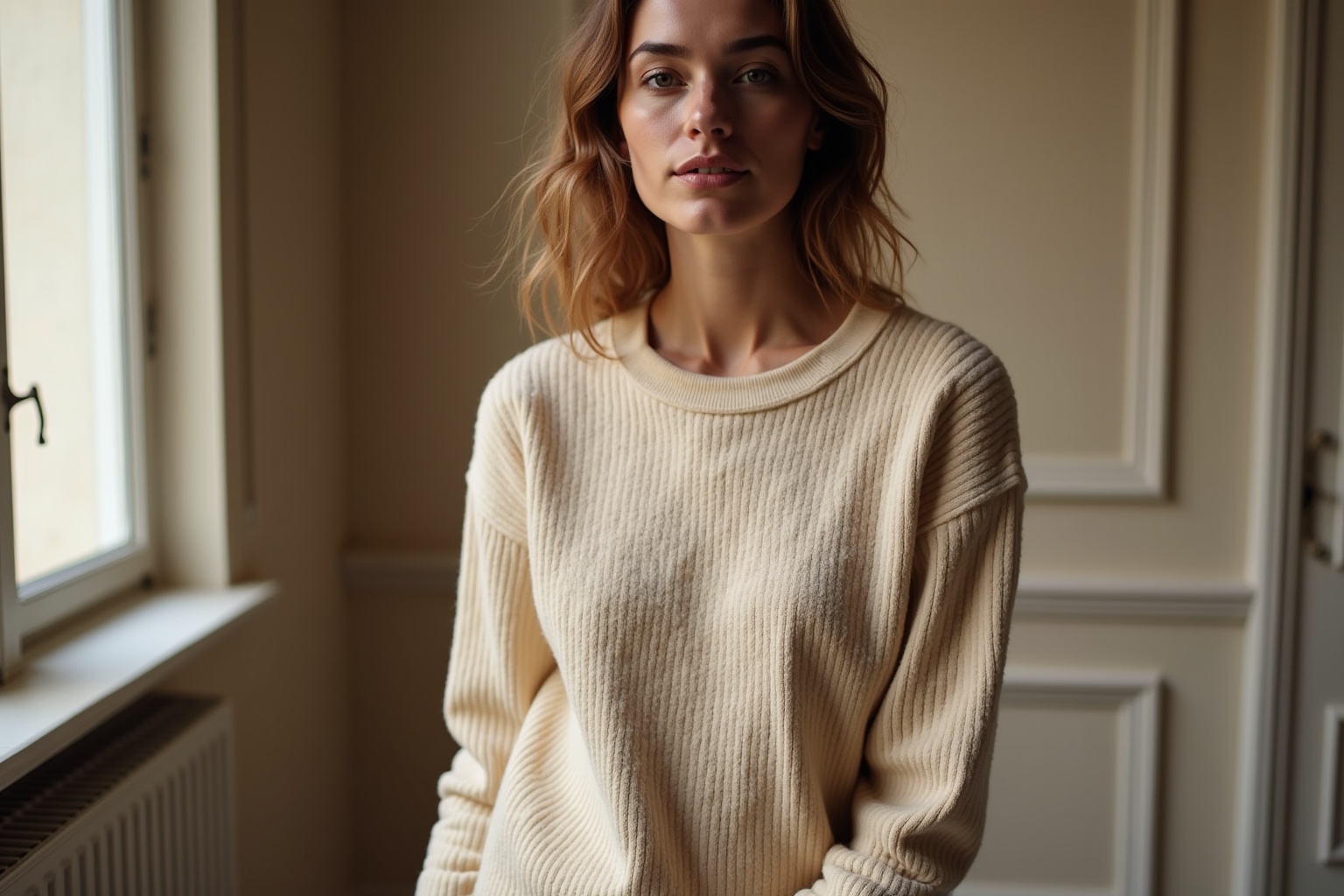 Femme aux cheveux bouclés portant un pull beige en gros plan.