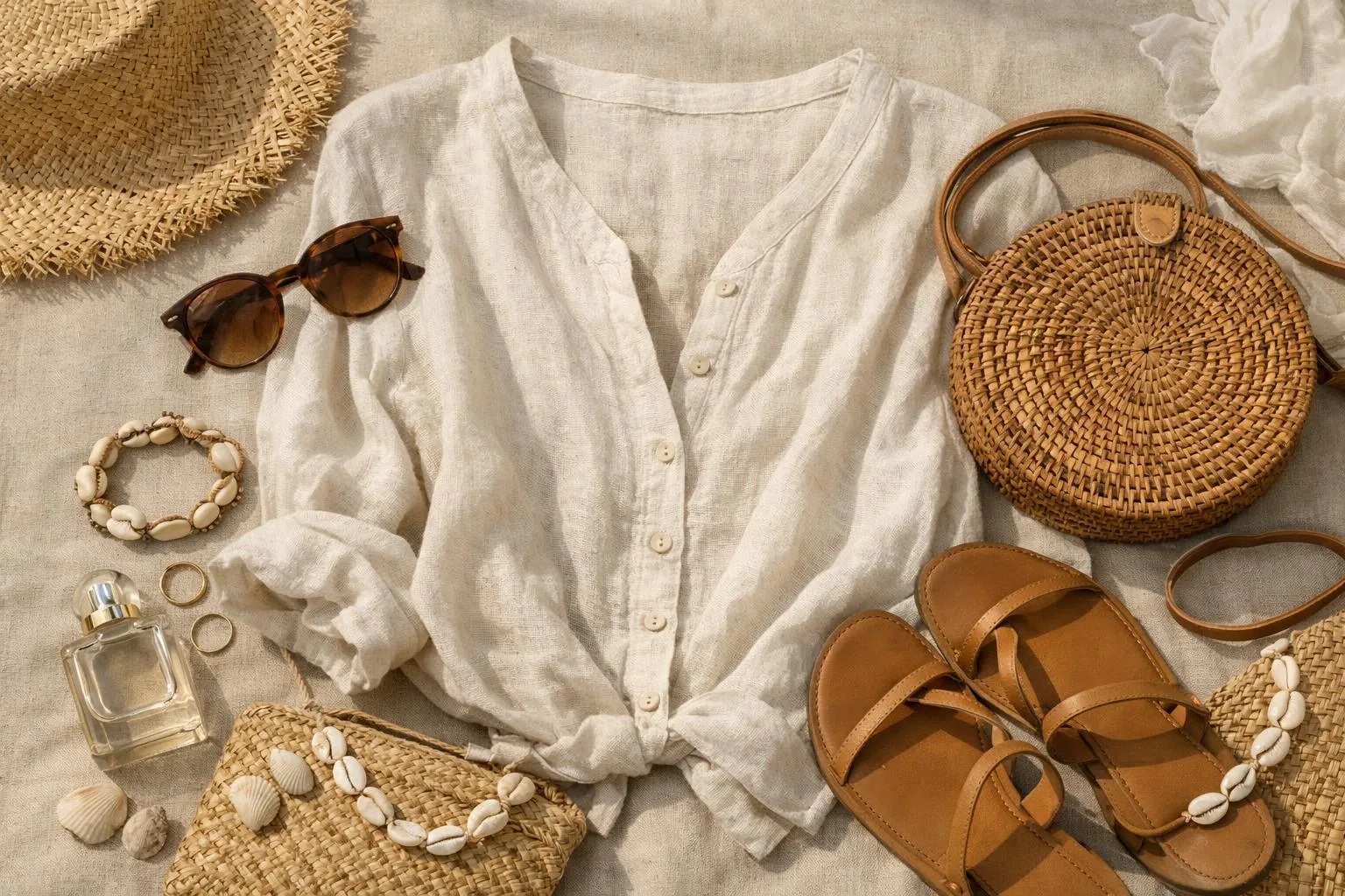 Flat lay styling composition showing linen blouse styled five different ways with accessories like raffia bag, gold jewelry, leather sandals, and espadrilles on beige linen fabric background, natural lighting, fashion editorial aesthetic