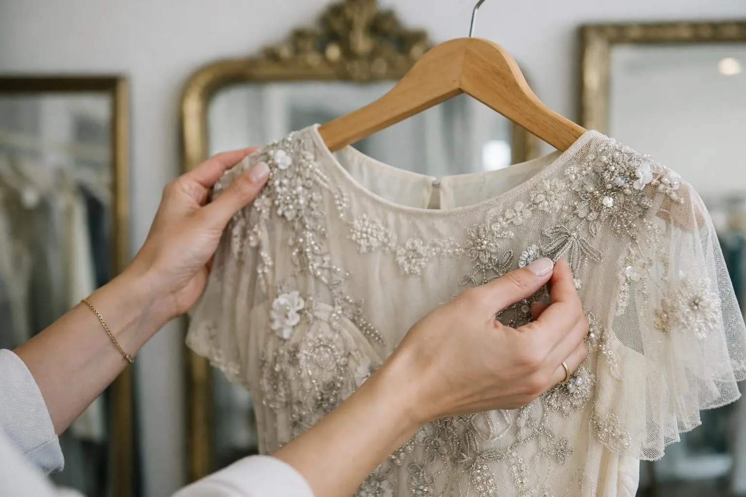 Close-up of a woman's hands delicately examining a luxurious vintage designer dress on a wooden hanger, featuring intricate embroidery and rich fabric texture from the 1960s era, soft natural lighting highlighting the craftsmanship details, elegant boutique setting with antique mirrors in the background